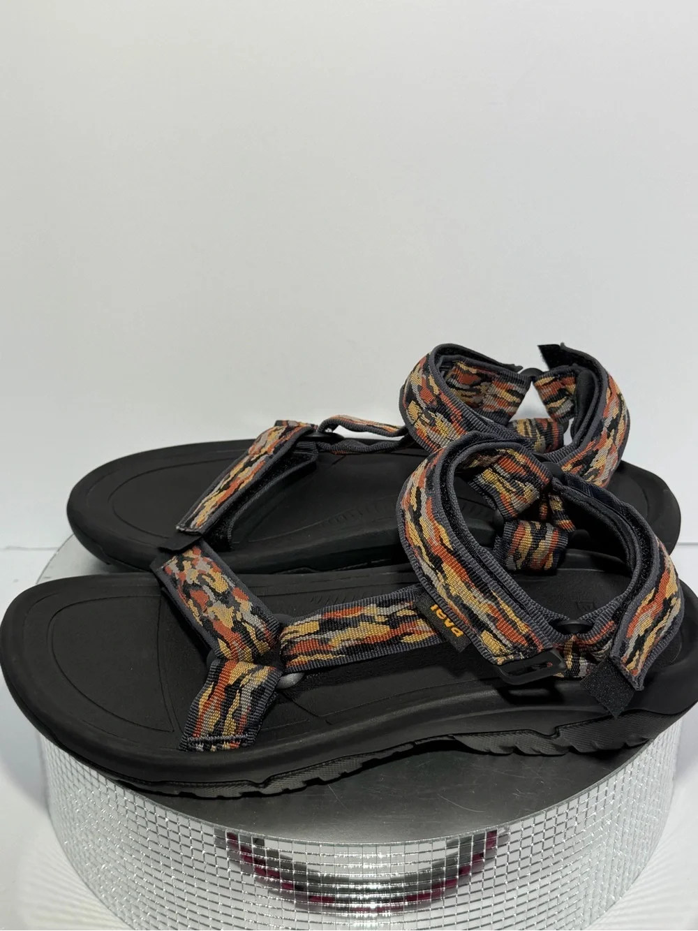 Teva Black Sandals with Orange and Yellow Accent Webbing size 9 new w /out tags